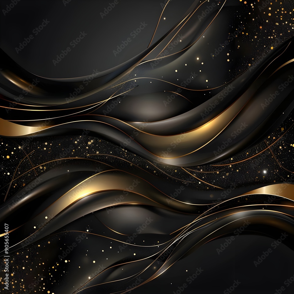 Poster curved golden layers and dark shadows creating a 3d effect on a black background.