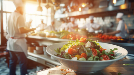 Meisterköche im Restaurant haben Salat auf Teller zubereitet
