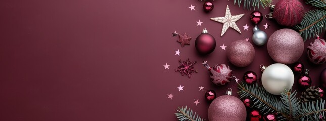 Christmas Decorations With Red and Gold Ornaments on a Burgundy Background