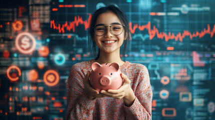 Young Woman Smiling  Holding Pink Piggy Bank Savings Investing Financial Background