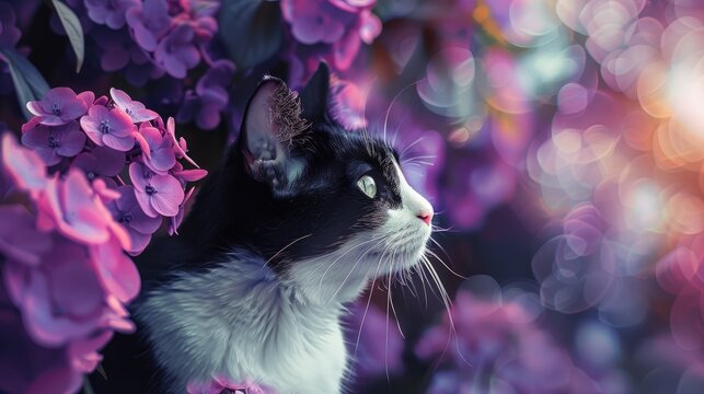 Curious black and white cat exploring painted purple brunia flowers