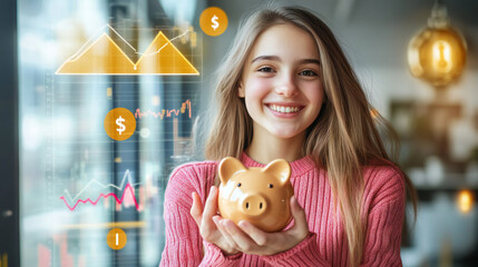 Young Girl Holding Piggy Bank saving investment Modern Workspace With Financial Graphs Displayed 