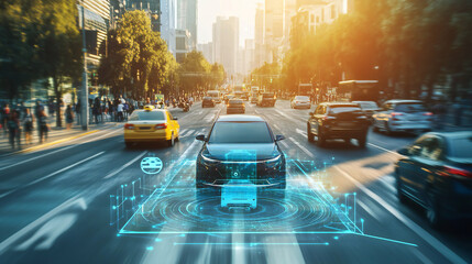 Self Driving Autonomous Vehicle Modern Urban Street With Busy Traffic Advanced Technology at Sunset