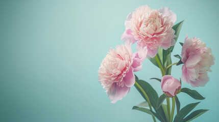 Fototapeta premium Pink peonies with green leaves against a light blue background. Scene captures delicate, fresh flowers with soft lighting highlighting intricate petals and foliage