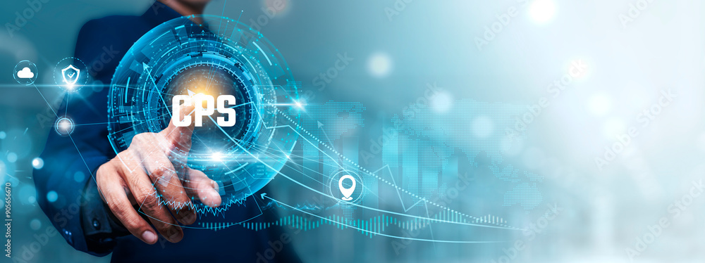 Poster cps (cyber-physical systems): businessman touching connect to data information on cyberspace, real-t