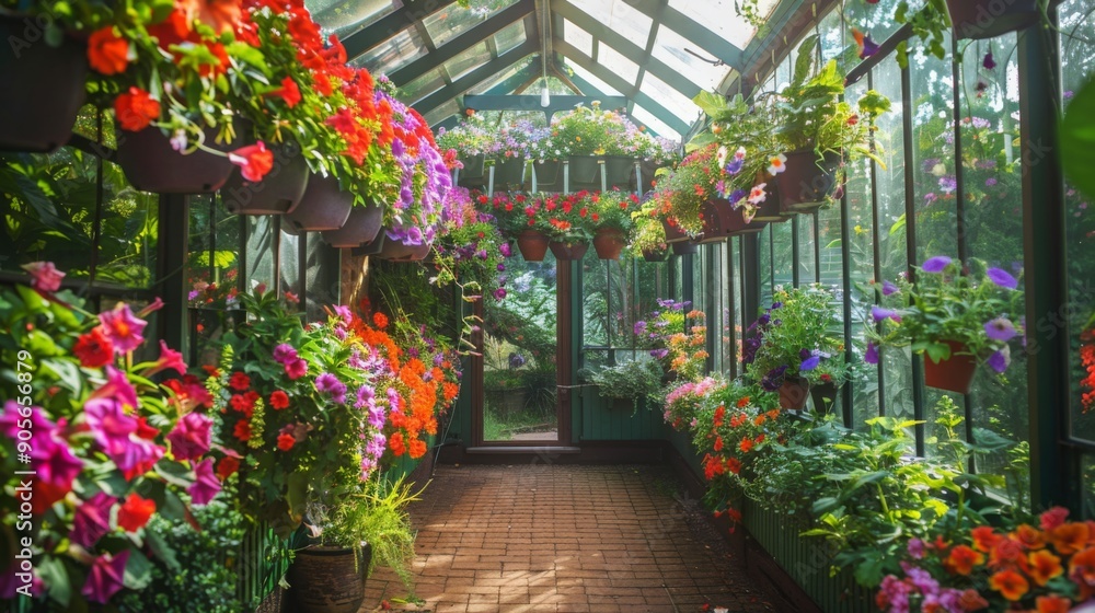 Aufkleber A bright greenhouse filled with an array of colorful flowers hanging from pots and blooming on shelves, creating a vibrant atmosphere in a tranquil spring setting.