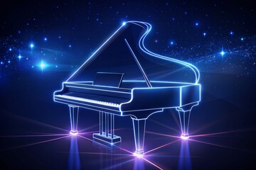 Ethereal grand piano illuminated by neon lights in a dreamlike concert hall at midnight