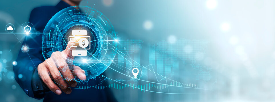 Digital Payments: Businessman touching connect to data information on cyberspace, online transactions, mobile wallets, secure payment gateways, cryptocurrency, contactless payments........ - Powered by Adobe