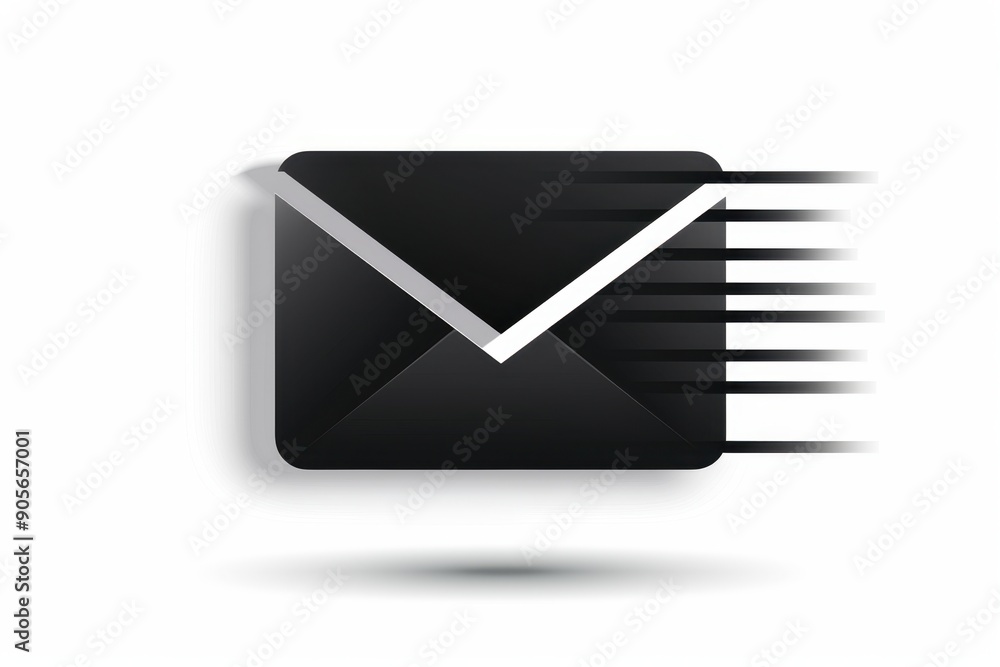 Poster an icon of black envelope with fast speed effect, simple and minimalistic design, white background g