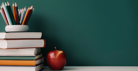 Red Apple and Colorful Pencils on Stacked Books Against a Green Wall