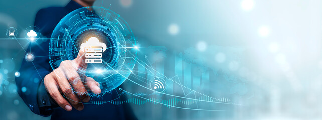 Hosting: Businessman touching connect to data information on cyberspace, server management, cloud...