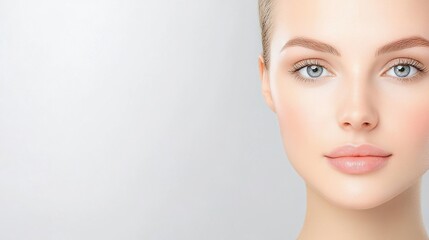 Obraz premium Close-up of a woman's radiant face with healthy, glowing skin, highlighting health and beauty.