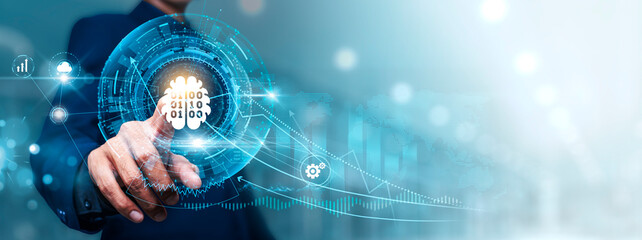 Machine Learning: Businessman touching connect to data information on cyberspace, predictive analytics, algorithm development, data patterns, automated insights, model training.