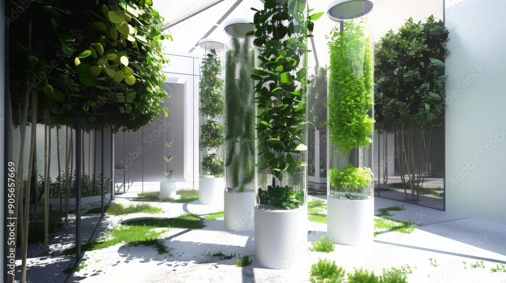 Poster A serene indoor space features vertical planters filled with vibrant greenery, creating a refreshing atmosphere enriched by bright natural light.