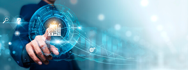 Smart Building: Businessman touching connect to data information on cyberspace, intelligent systems, automated controls, energy efficiency, network integration, sustainable design.