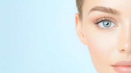 Fototapeta premium Close-up of a woman's radiant face with flawless skin, highlighting health and beauty.