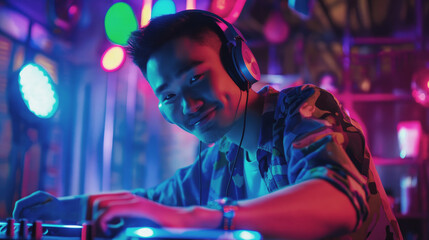 DJ performing with headphones at a vibrant nightclub, colorful lights in the background, party atmosphere concept