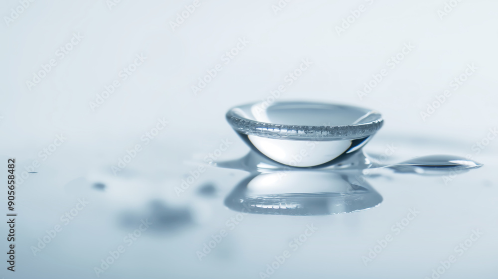 Poster closeup of a contact lens on a reflective surface with water droplets, optical healthcare, clean con