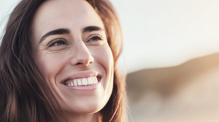 Obraz premium Closeup of smiling positivity woman with happiness, joy authentic expression captured outdoor, natural lighting, serene moment, emotional connection, positive vibes, lifestyle concept