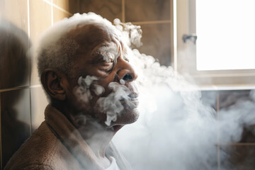 Elderly Man in Sauna with Steam, Relaxing, Rejuvenating, Health and Wellness, Self-Care, Rest, Wellness Concept