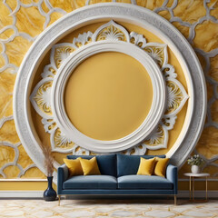 interior with blue sofa and decorative frame