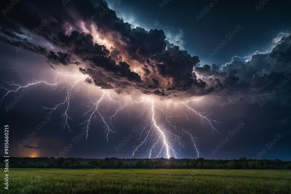 Wall mural lightning over the field