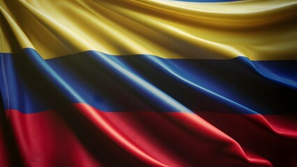 Colombia flag have three horizontal stripes yellow at the top blue in the middle, and red at the bottom bright, saturated colors and a waving flag effect 