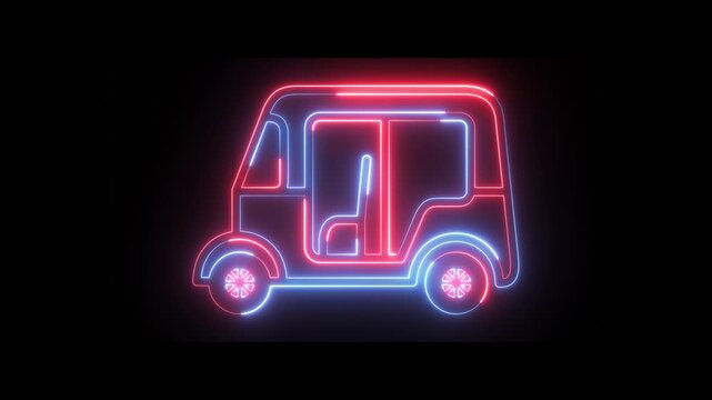 Glowing neon line Taxi tuk tuk icon isolated on black background. Indian auto rickshaw concept. Delhi auto. 4K Video motion graphic animation
