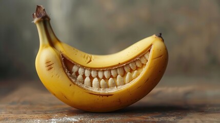 A whimsical banana with a smiling teeth design, perfect for fun marketing materials, social media, or food-related projects.
