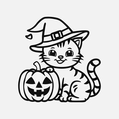 Cute Halloween Cat coloring page for kids. Cat In A Witch Hat Sitting On Halloween Pumpkin.