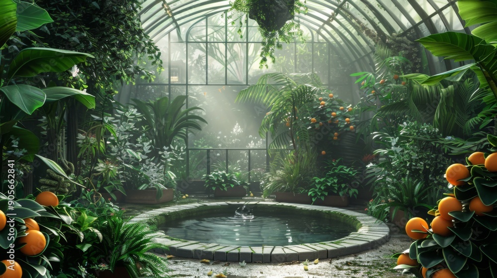 Poster a tranquil conservatory filled with vibrant plants and a circular pond, illuminated by soft sunlight