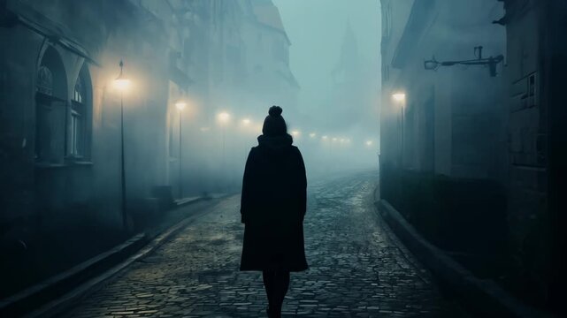 Wide shot of a young adult woman walking through a dark, foggy alleyway, looking nervous. The camera follows from behind, creating a sense of suspense. Slow motion. darkness, fear, shadow, eerie