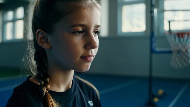 4k video of a teenage girl alone in the gym of a middle school or high school campus. Her facial expression conveys disappointment, sadness, exhaustion.
