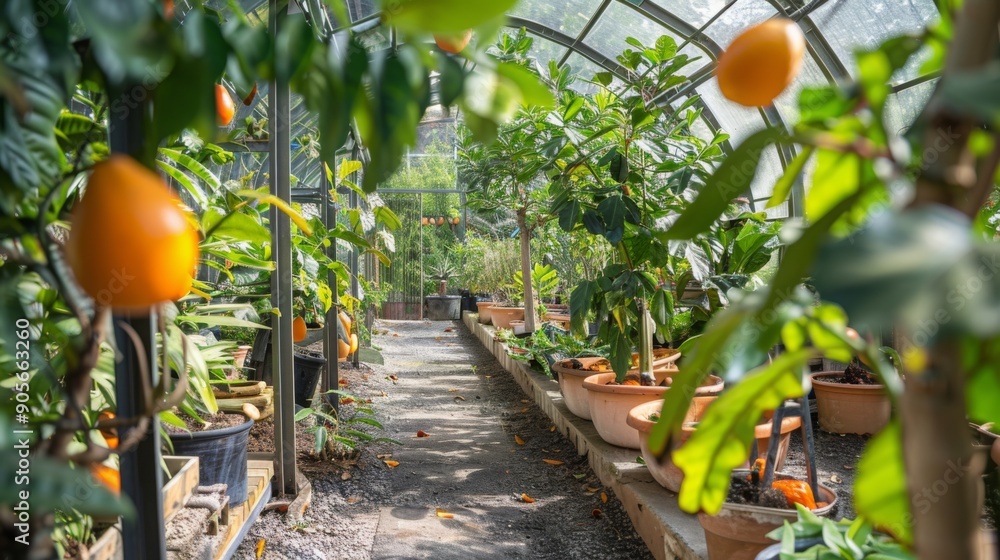 Poster A vibrant greenhouse pathway showcases an array of citrus and tropical plants basking in the morning light, creating a serene environment filled with greenery and colorful fruits.