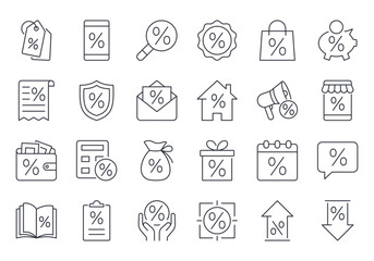 Vector icons discounter sale. Bank interest rate, promotional discount offer. Favorable price, interest on loan, mortgage and gift, email newsletter. Editable stroke thin line black set on white back