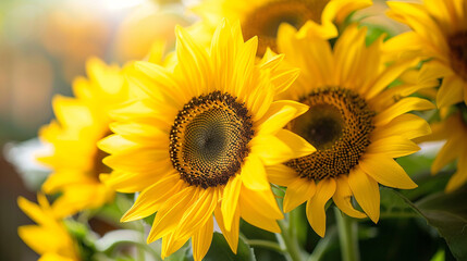 Close-up of a bouquet of sunflowers with abstract, intricate centers and bright yellow petals