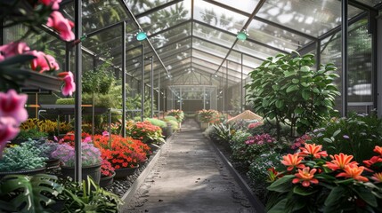 A well-maintained greenhouse filled with colorful flowering plants and greenery, showcasing a vibrant path lined with various blooms.