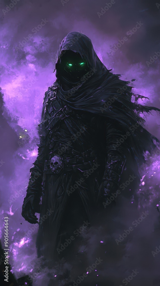 Wall mural A man with a green eye and a black cloak stands in a purple haze