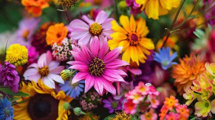 Fototapeta premium Close-up of a bouquet of wildflowers with abstract, varied shapes and vibrant colors