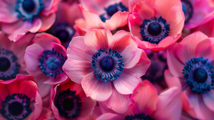 Fototapeta premium Close-up of a bouquet of anemones with abstract, dark centers and bright petals