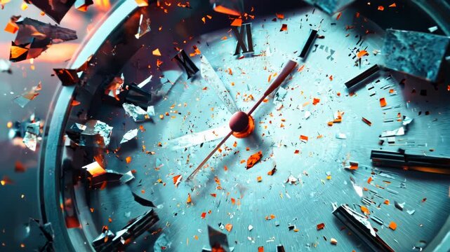 Shattered clock face with flying glass shards and metal pieces, time concept slow motion destruction