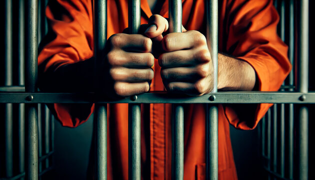 Prisoner in orange jumpsuit behind bars