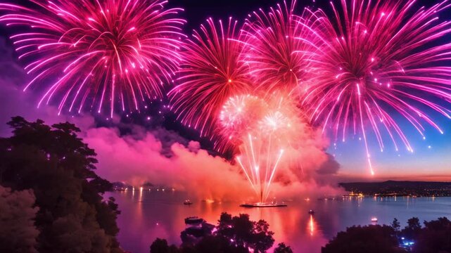 Fireworks over the Water at Night