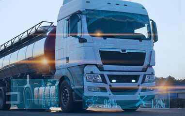 truck delivers cargo on the road using artificial intelligence technologies for traffic safety,...