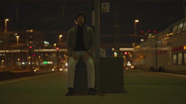 Man sitting alone at night on an empty train platform with city lights in the background