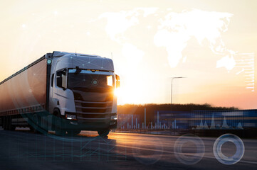 truck delivers cargo on the road using artificial intelligence technologies for traffic safety,...
