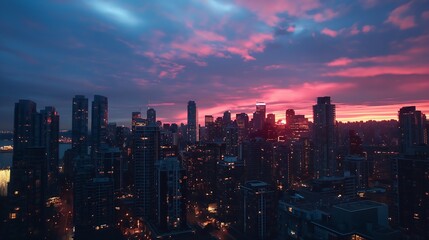 Fototapeta premium Timelapse photo of a sunset over a bustling city skyline with vibrant clouds