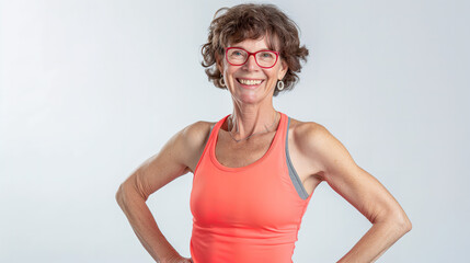 elderly woman in sportswear, smiling and posing for the camera with her hands on her hips against a white background