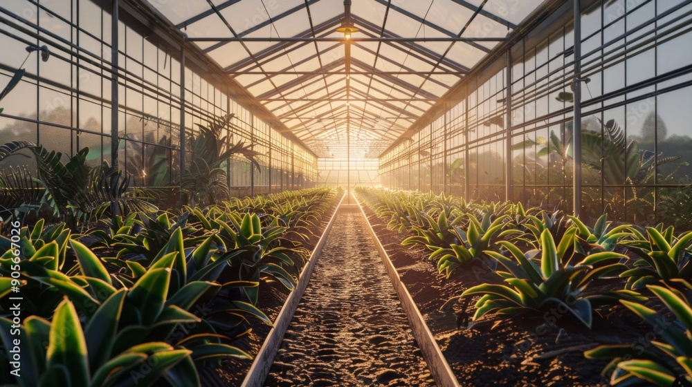 Poster sunlight pours into a greenhouse, illuminating a pathway lined with thriving plants, creating a tran