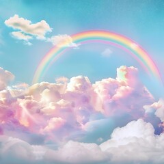 Colorful pastel rainbow and clouds on blue sky background, generative ai